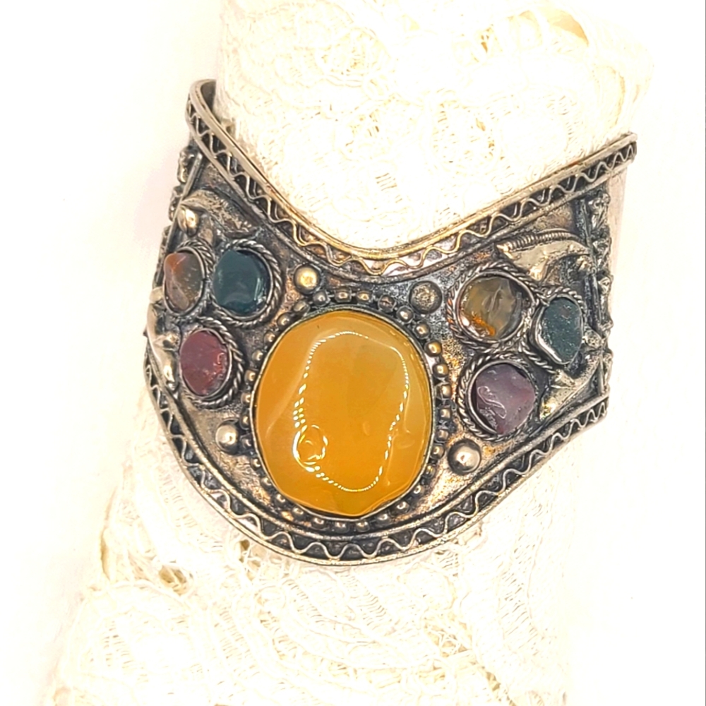 Large Vintage Silver Indian Cuff w/ Multiple Stones Bracelet FREE SHIPPING